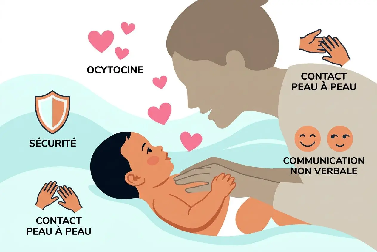 Bienfaits massage bébé développement: bébé massé dans l’eau, main du parent sur son torse, cœur et liens affectifs renforcés.