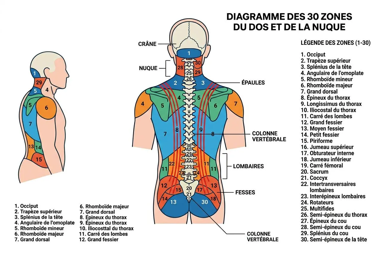 Diagramme des 30 zones du dos et de la nuque, coloration par zones; axé sur la colonne vertébrale et les épaules. Formation massage dos en ligne intégrée.