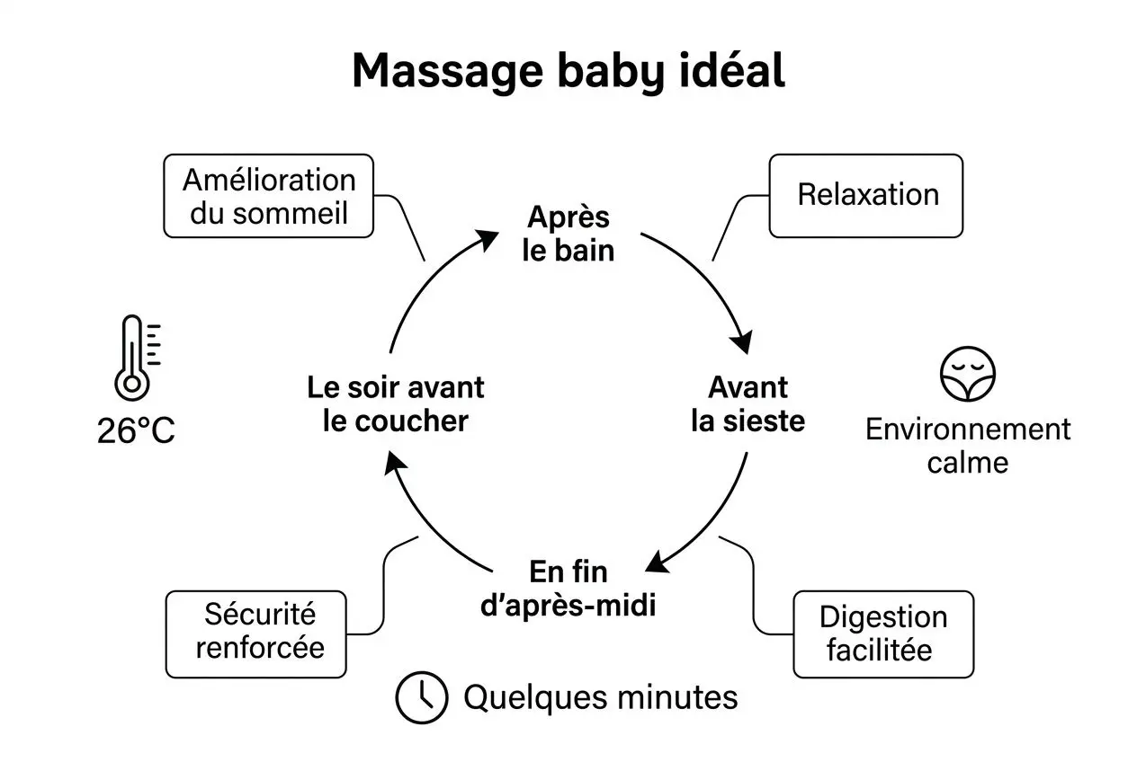Diagramme “Massage bébé idéal” montrant un cycle autour du bain: après le bain, relaxation et environnement calme, digestion facilitée, quelques minutes, sécurité renforcée, amélioration du sommeil, et soirée avant le coucher indique le trajet vers le sommeil. Bienfaits massage bébé développement apparaissent.