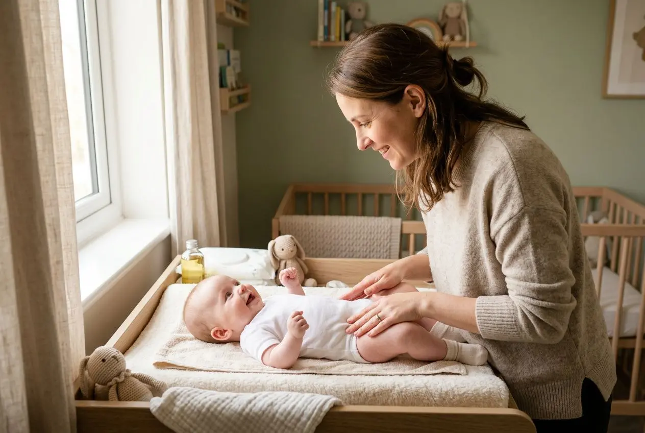 Maman effectuant un massage doux sur un bébé dans un lit à barreaux, près de la fenêtre, favorisant le contact et le développement. Bienfaits massage bébé développement.