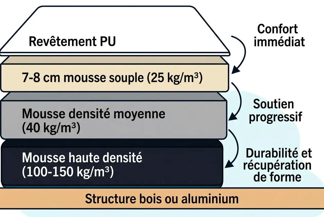 Comment choisir une table de massage: schéma explicatif des couches de mousse et de la structure, montrant revêtement PU, mousses et durabilité, avec le texte « Structure bois ou aluminium ».