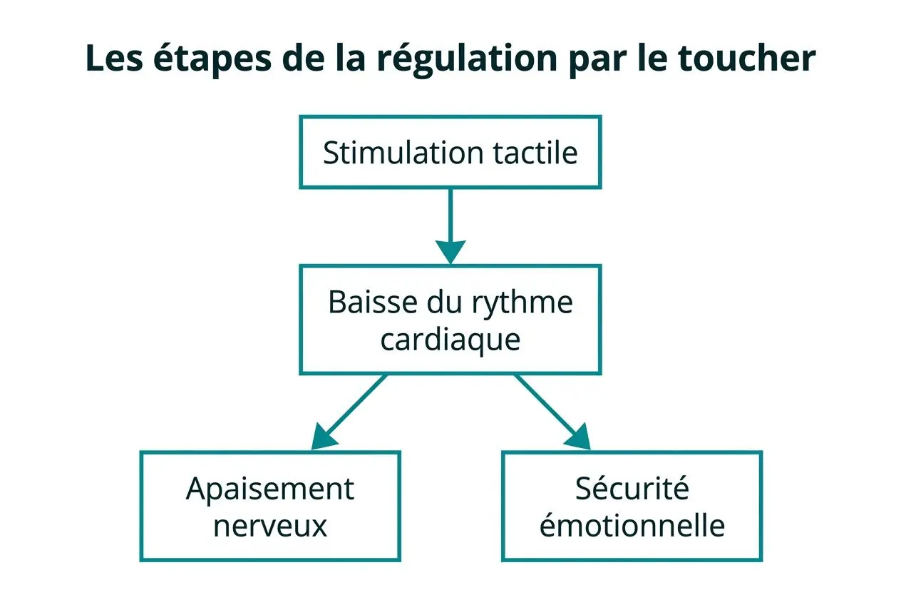 Diagramme sur les étapes de la régulation par le toucher: stimulation tactile, baisse du rythme cardiaque, apaisement nerveux et sécurité émotionnelle. Comment le toucher affectif améliore notre santé mentale.