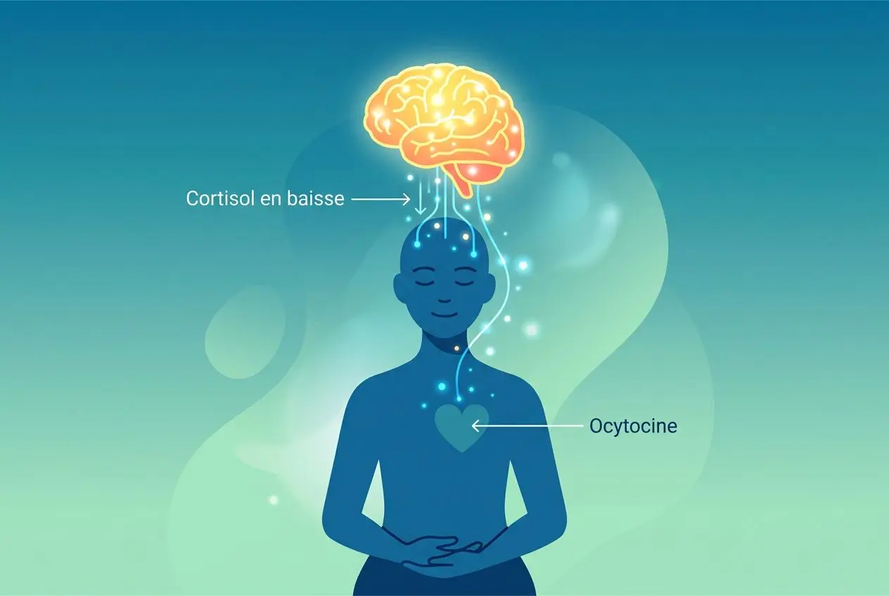 Image illustrant les effets du toucher sur le cerveau: cerveau et corps sous influence hormonale, avec oxytocine et cortisol en baisse, personnage en posture méditative. Comment le toucher affectif améliore notre santé mentale.