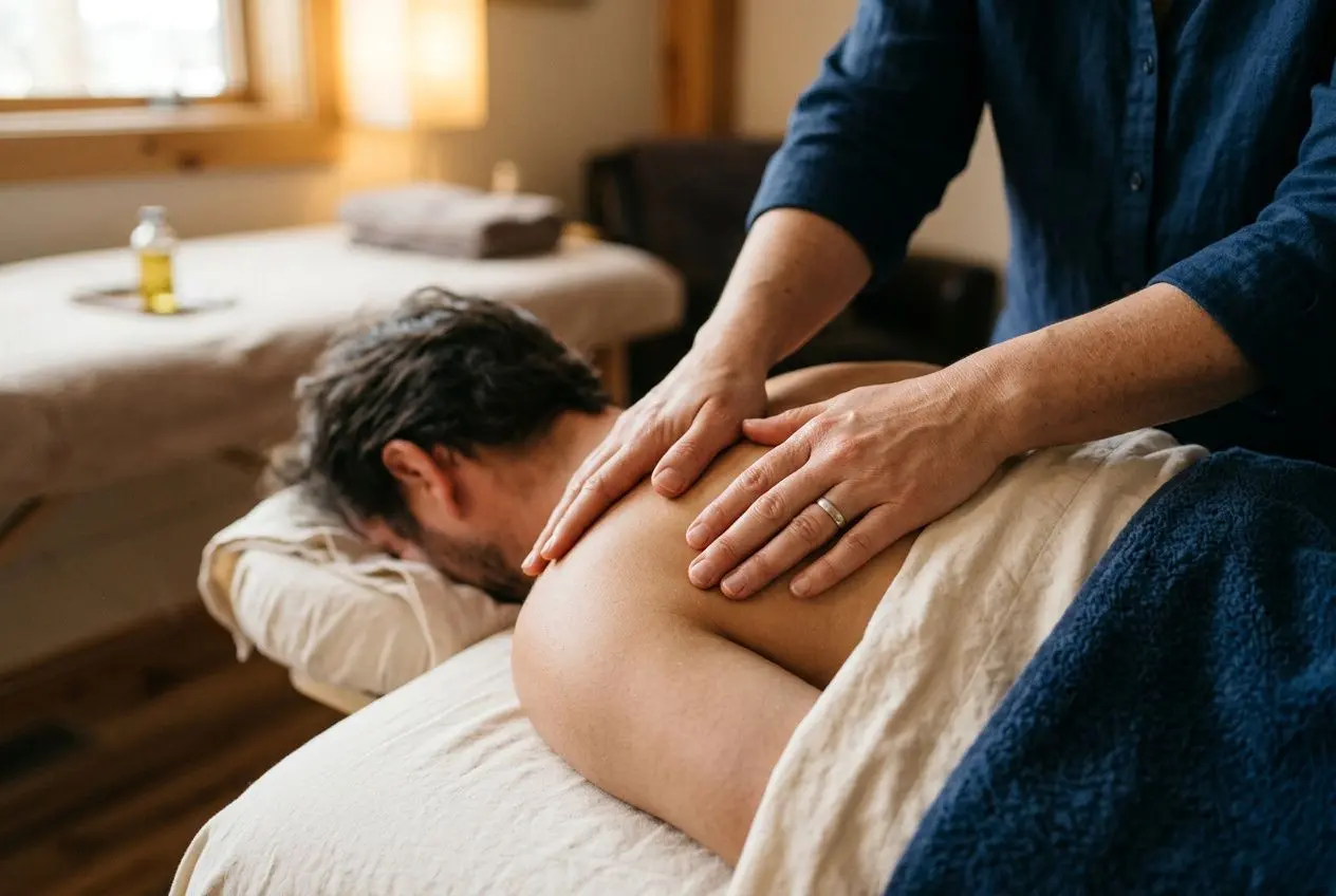 Massage thérapeutique sur les épaules d’un homme, pratiqué avec soin pour le bien-être mental, illustrant Comment le toucher affectif améliore notre santé mentale.