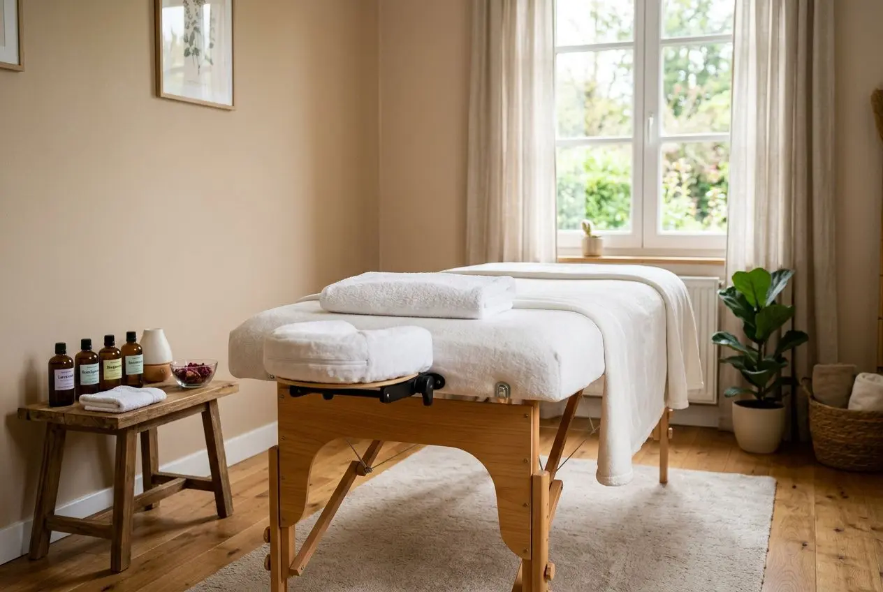 Table de massage légère et stable dans une pièce chaleureuse, avec linge blanc, huiles sur une table d’appoint et plantes. Comment choisir une table de massage adaptée pour usage professionnel ou personnel.