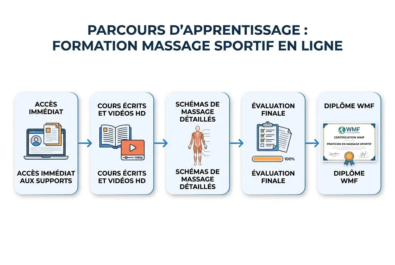 Formation massage sportif pour coach sportif : parcours d'apprentissage en ligne avec accès immédiat, cours écrits et vidéos HD, schémas détaillés, évaluation finale et diplôme WMF.