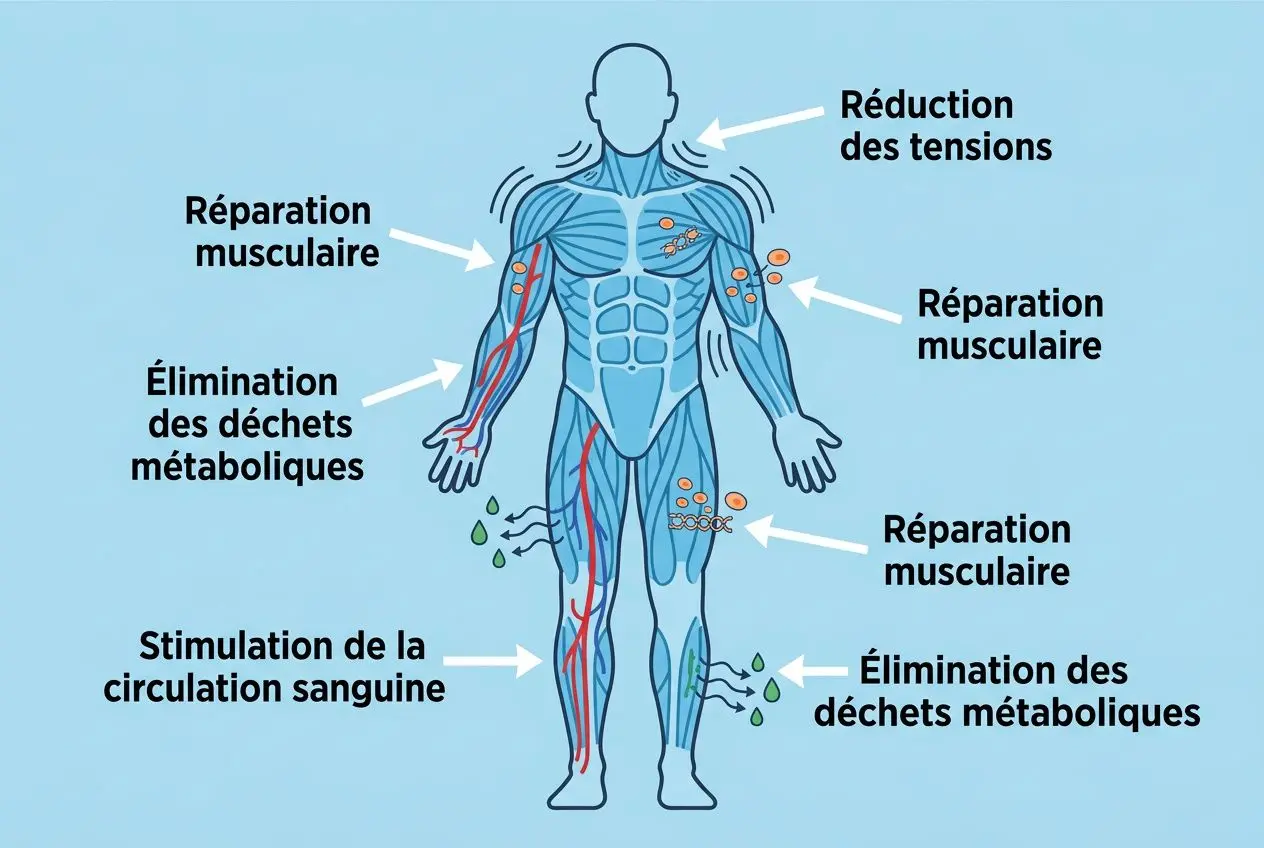 Formation massage sportif pour coach sportif : silhouette humaine avec zones de répartition musculaire et libération des tensions, récupération et circulation sanguine.