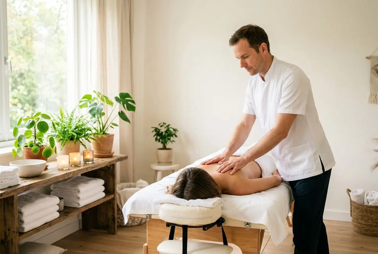 Massothérapeute en séance, massage du dos sur table de massage dans un spa lumineux avec plantes et serviettes blanches. Salaire d'un massothérapeute en france est évoqué dans le contexte.