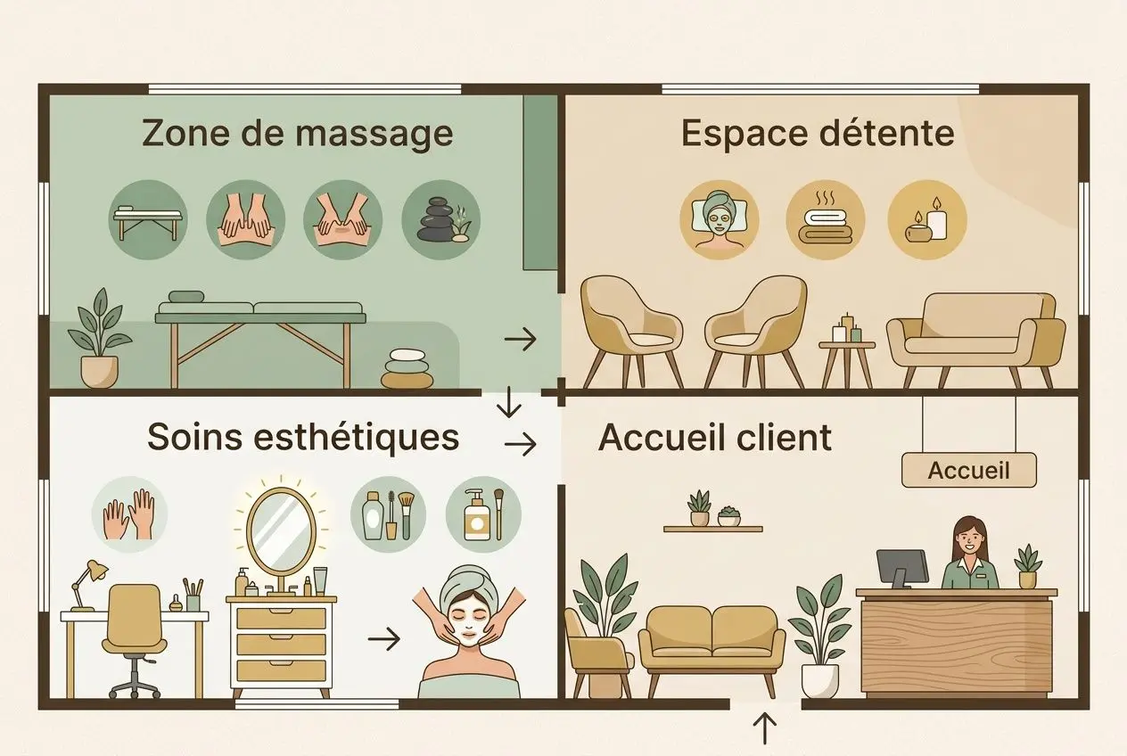 Plan d’un spa avec zones : massage, détente, soins esthétiques et accueil client.