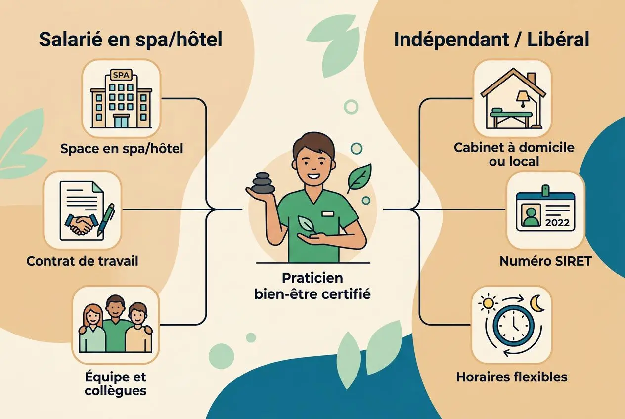 Plan illustrant les voies pour « ou postuler en tant que massothérapeute » : salarié en spa/hôtel, indépendant, avec éléments comme contrat, équipe, cabinet à domicile, SIRET, horaires flexibles.
