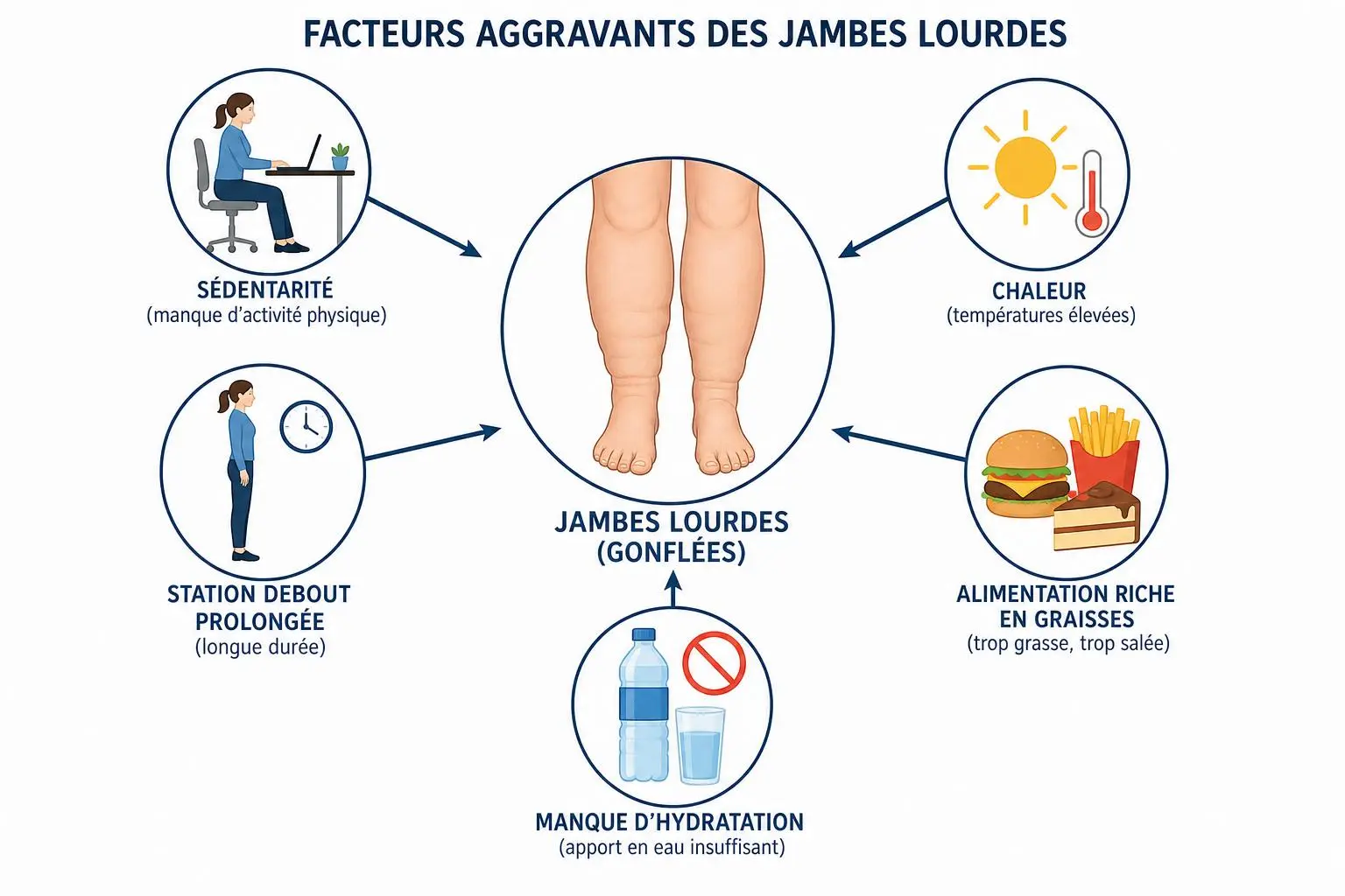 Bienfaits du drainage lymphatique des jambes: schéma montrant des jambes lourdes gonflées entourées d’icônes : sédentarité, chaleur, alimentation riche, manque d’hydratation et station debout prolongée.