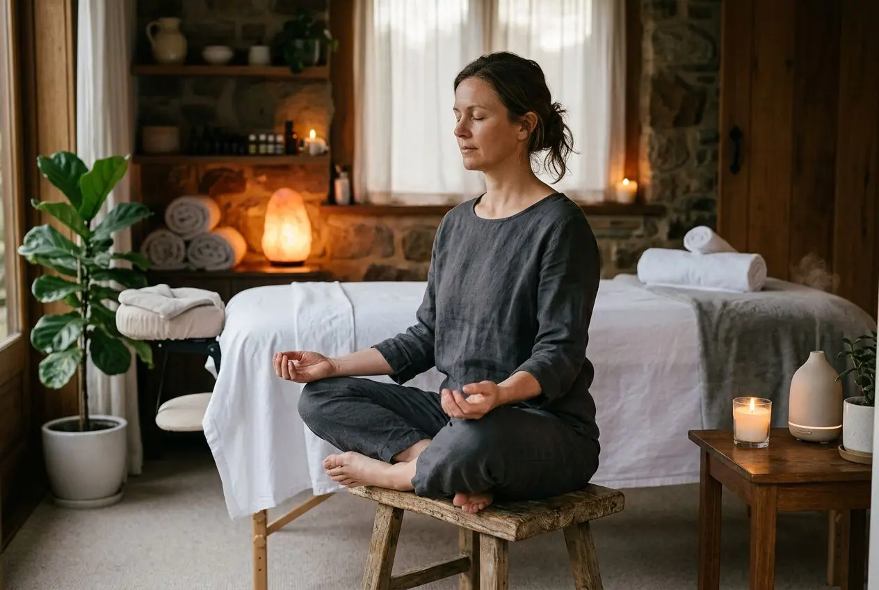 Une massothérapeute médite assise en lotus sur un tabouret, dans une salle de soins chaleureuse et calme.