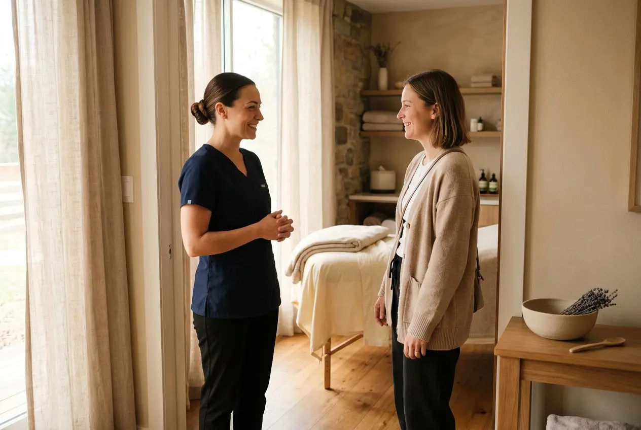 Deux praticiennes discutent dans une salle de massage chaleureuse, l’une en tenue professionnelle bleue et l’autre en cardigan, près d’un lit de soins.