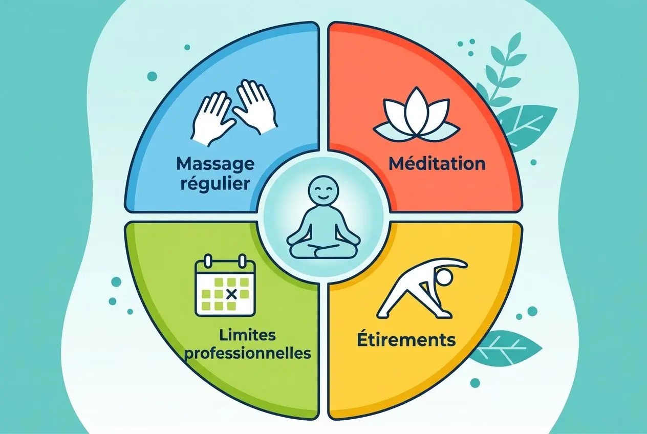 Illustration circulaire illustrant le bien-être du massothérapeute : massage régulier, méditation, limites professionnelles et étirements, avec une figure centrale zen. prévenir burnout massothérapeute.