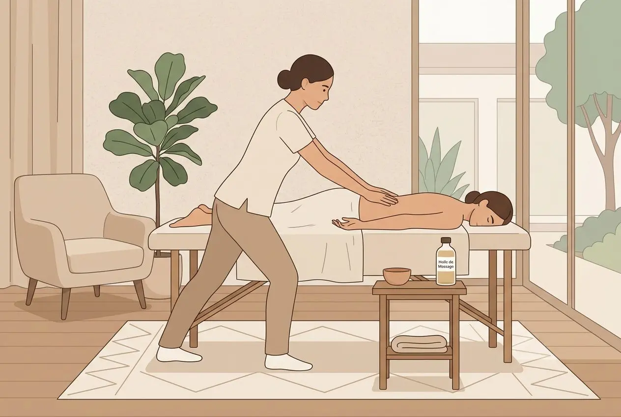 Massage en douceur prodigué par un massothérapeute dans une séance à domicile, ambiance calme et propice au bien-être.