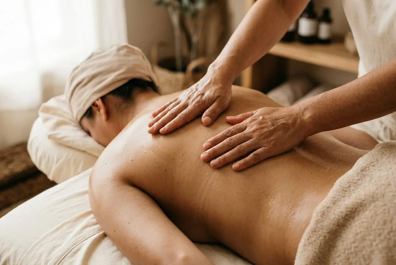 Massage relaxant sur le dos avec huile, les mains effectuant des mouvements fluides, personnage détendu. Comment appliquer l'huile de massage correctement intégré.