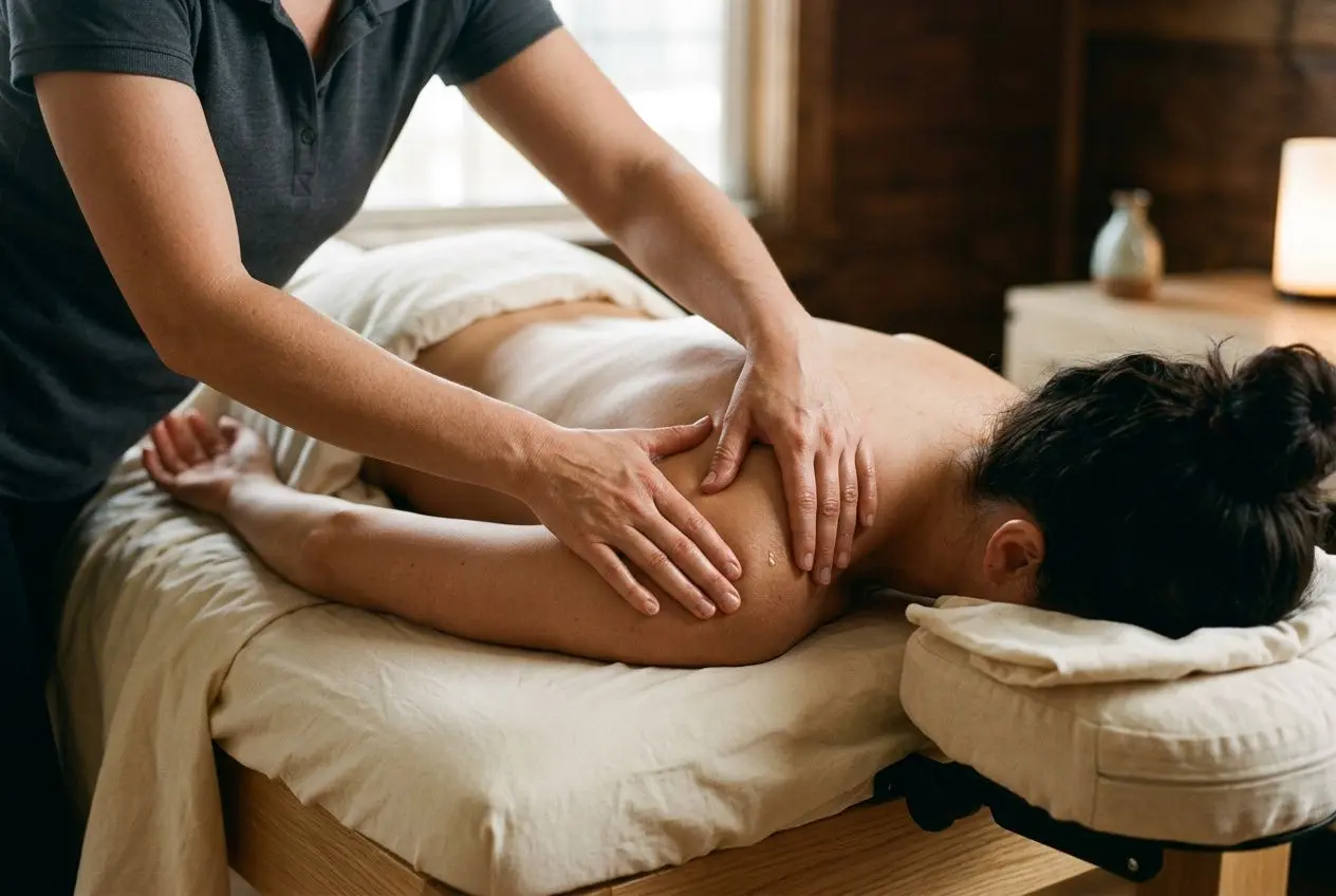 Massothérapeute utilisant des techniques sur le dos d’un client, séance de massage relaxante dans une ambiance calme et chaleureuse. Compétences essentielles d'un massothérapeute.