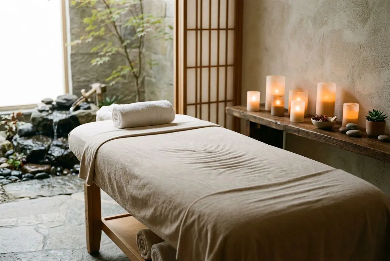 Table de massage zen avec serviette, ambiance spa et bougies, cadre intérieur apaisant pour musique relaxante sans publicité