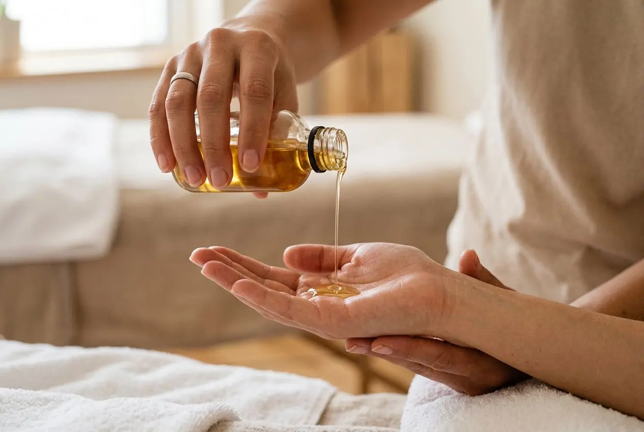 Versement d'huile de massage sur la paume, préparation des mains pour appliquer l'huile correctement.