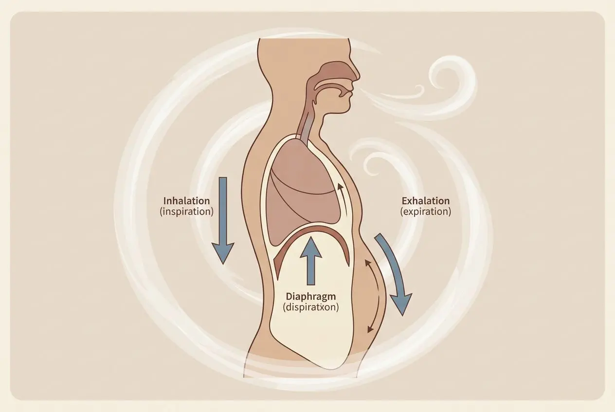 Diagramme illustrant la respiration thoracique: inspiration, diaphragme et exhalation, pour comprendre comment utiliser la respiration pendant un massage.