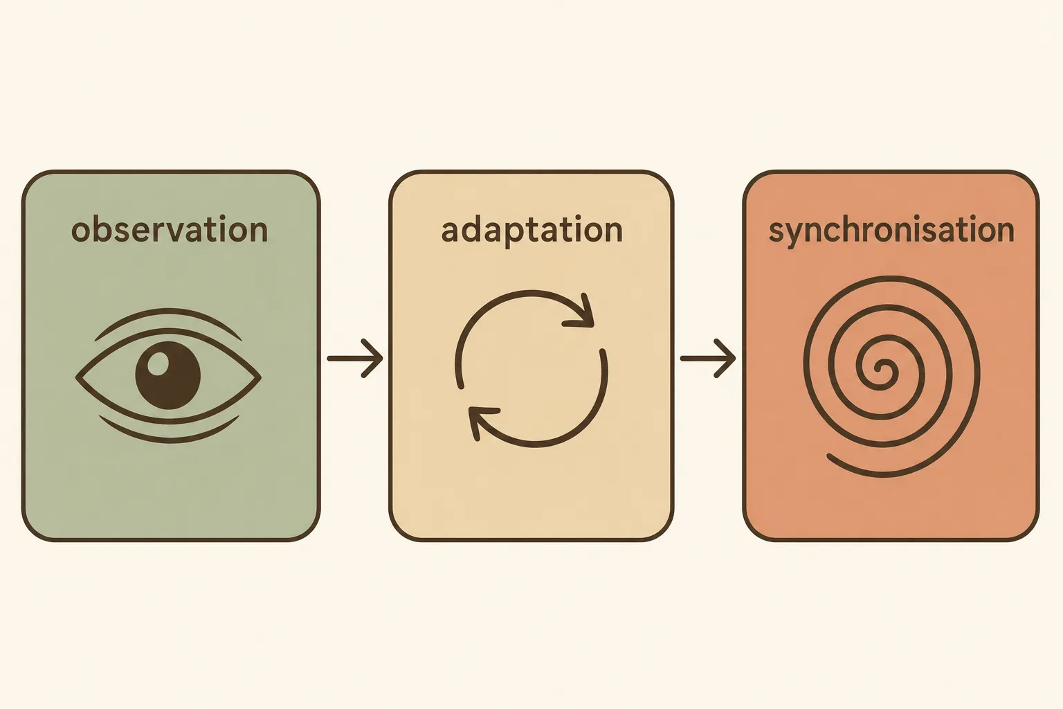Illustration montrant observation → adaptation → synchronisation avec une spirale, conceptuel sur le rythme et la respiration pendant un massage. (intègre le thème: comment utiliser la respiration pendant un massage)