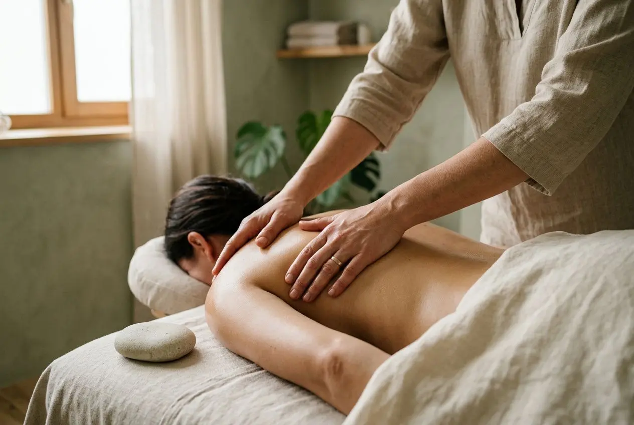 Massage thérapeutique sur le dos, main du massothérapeute apaisante; cadre zen pour le développement personnel massothérapeute.