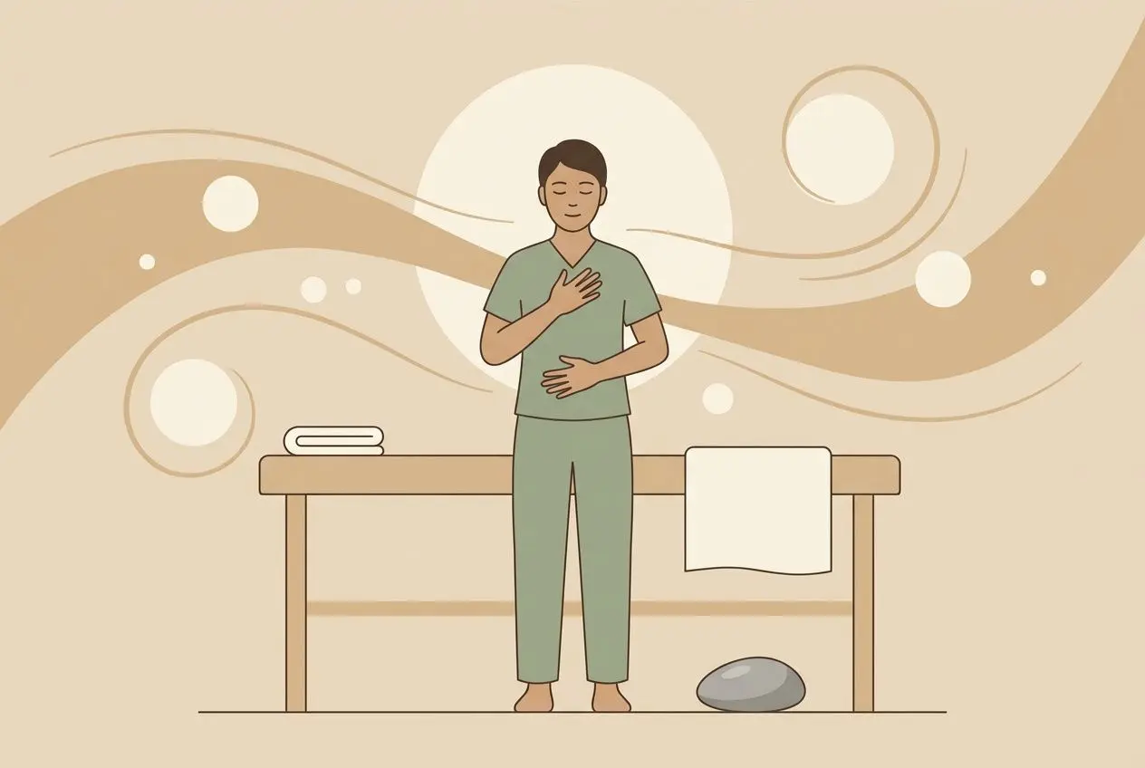 Massothérapeute en posture centrée, mains sur le cœur et l’estomac, dans une salle de massage au décor apaisant, symboles de bien-être et développement personnel masse thérapeute.