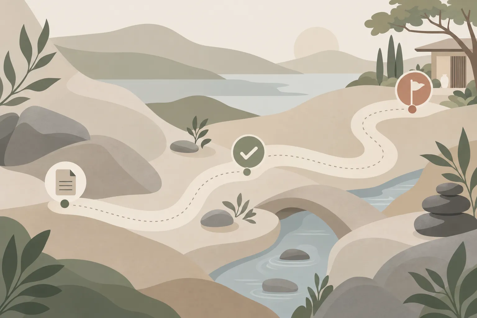 Parcours visuel serein avec un chemin sinueux menant à une petite maison, des galets et de la verdure, marcheurs sur une idée de progression.