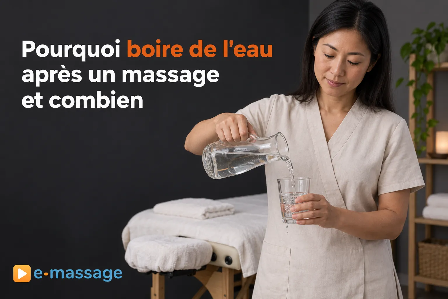 Une praticienne verse de l’eau d’un carafon dans un verre.