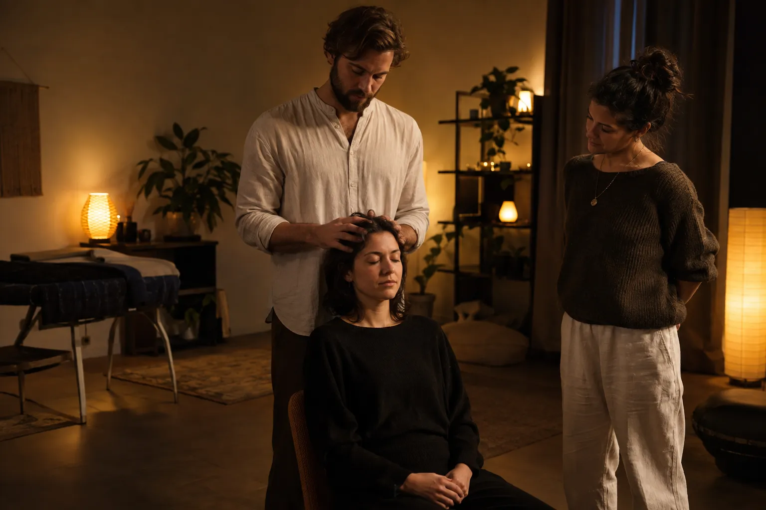 Homme pratiquant un massage crânien sur une femme assise, avec une autre personne regardant dans une ambiance chaleureuse et