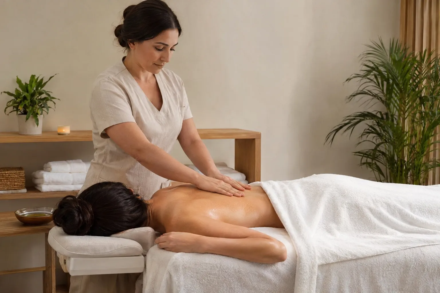 Massage bien-être sur une table de massage avec une praticienne qui masse le dos d’une cliente dénudée et couverte par une