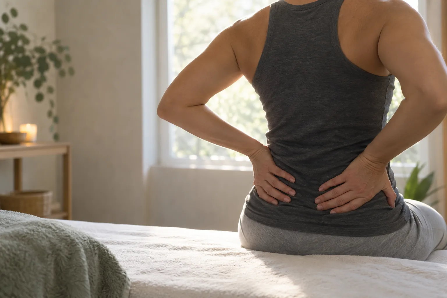 Personne assise sur le bord d’un lit, les mains dans le dos, aspect de douleur ou courbature après un massage.