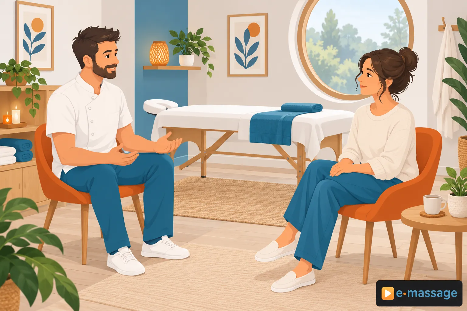 Un praticien et une cliente discutent assis dans une salle de massage chaleureuse et équipée d’un chevalet et de plantes.