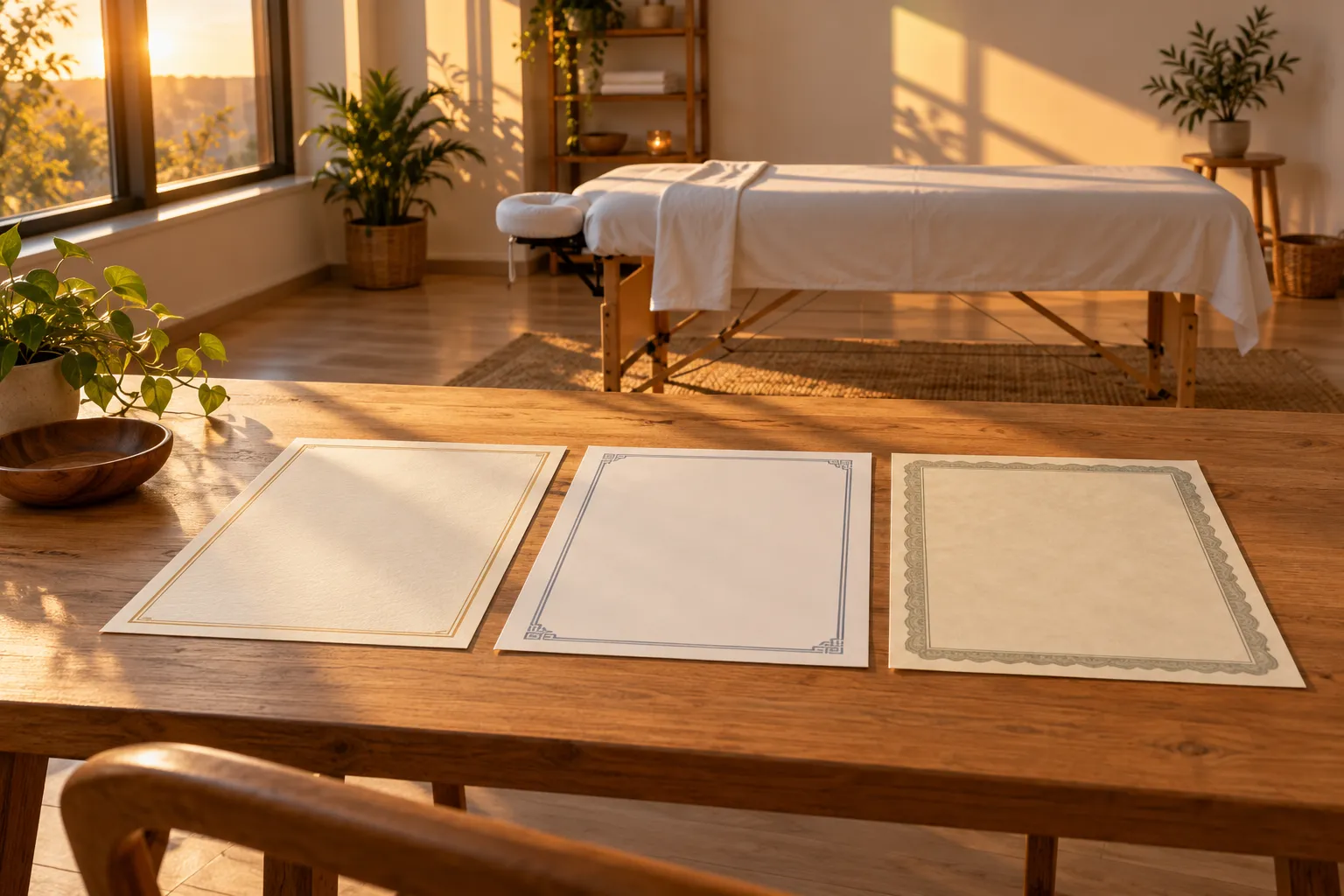 Trois grandes feuilles de certificat posées sur une table en bois dans une salle de soin lumineuse.